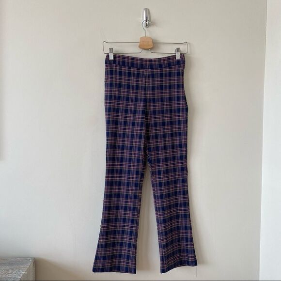 Urban Outfitters-Plaid Navy Pink Yellow Kick Flare Ankle High Rise Pants - Picture 2 of 11